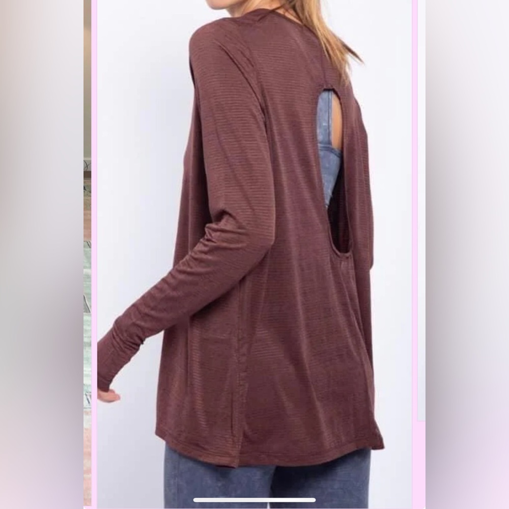 Mono B‎ Cutout Top Womens Brown Long Sleeve Active Athleisure Back Sheer Small